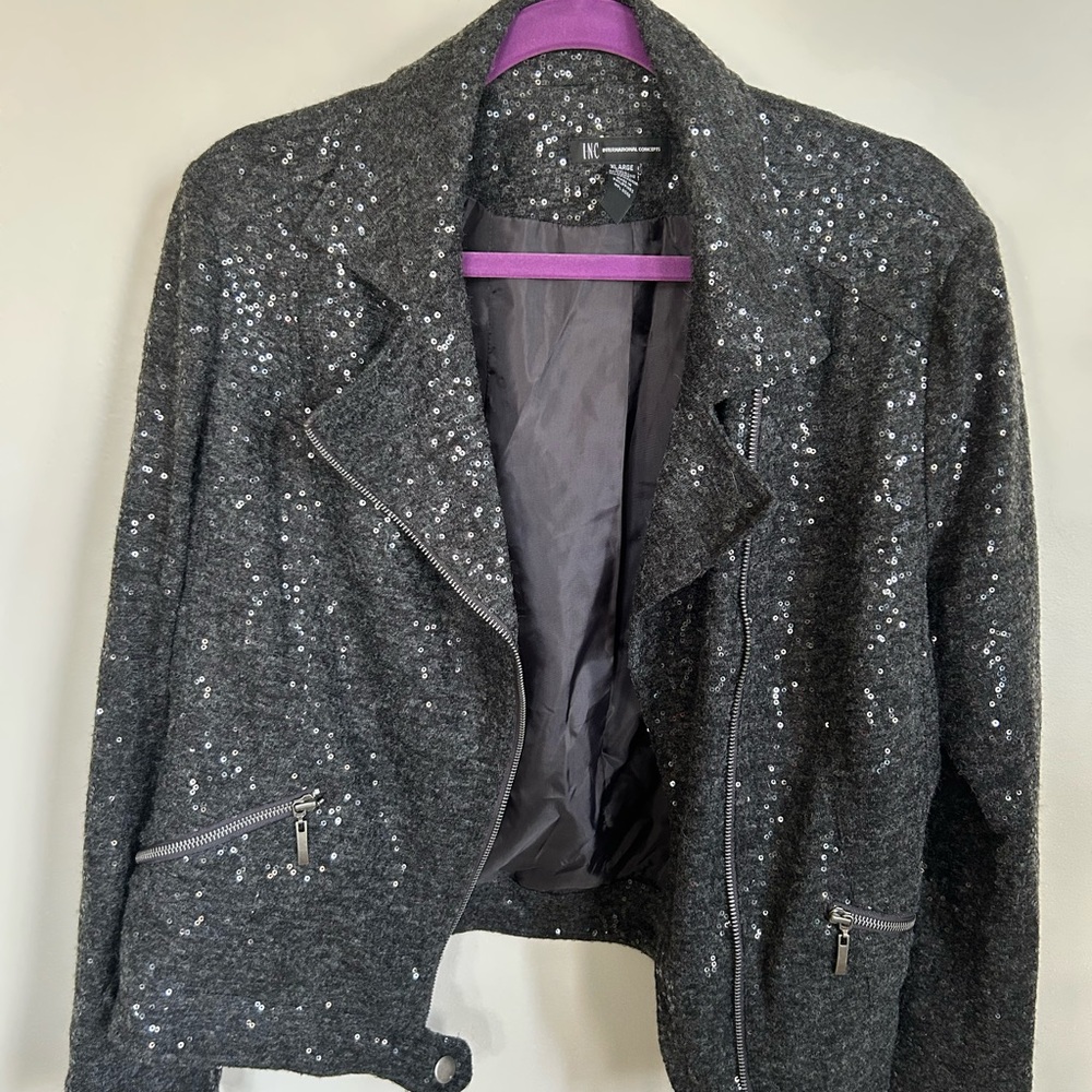 Sequin Embellished Gray and Black moto Jacket in XL, stretchy and lightweight